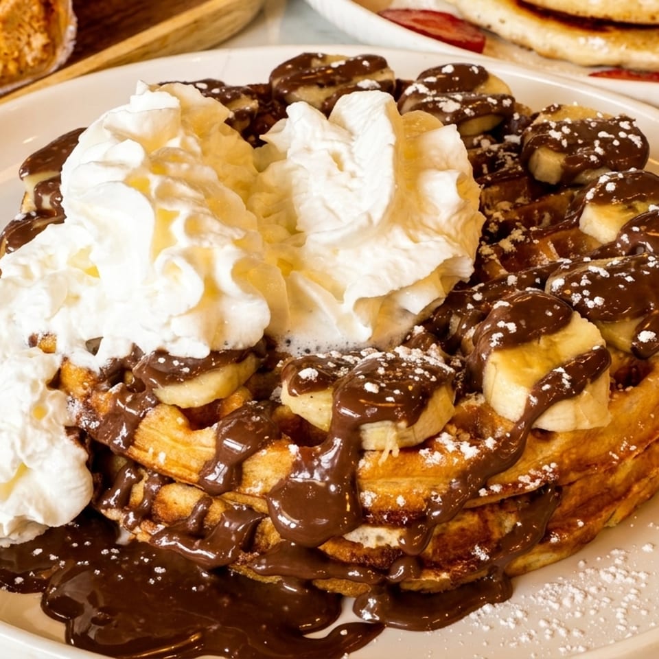 Golden waffles topped with chocolate sauce, banana slices, powdered sugar, and whipped cream.