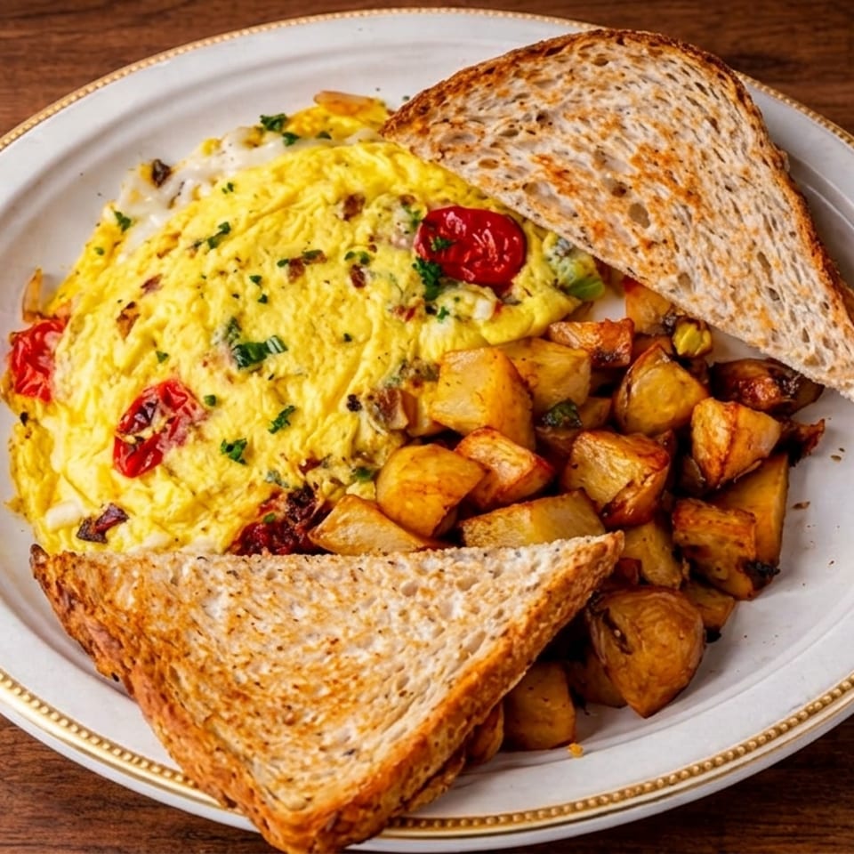 A breakfast plate with a fluffy omelet, crispy home fries, and two slices of toasted bread.