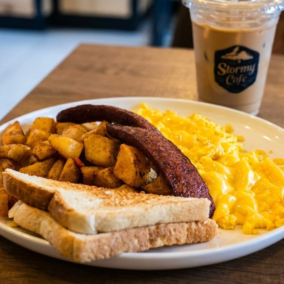 Breakfast plate with scrambled eggs, home fries, sausage, toast, and an iced coffee from Stormy Cafe.