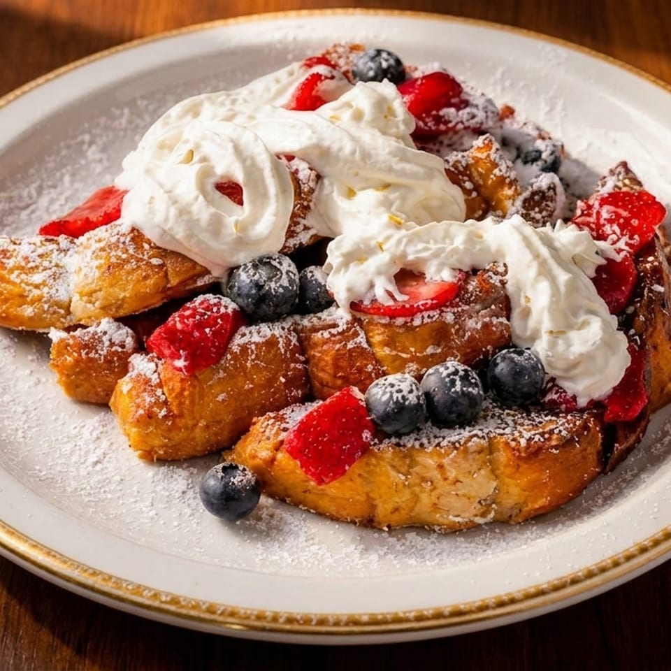 Golden French toast pieces topped with whipped cream, strawberries, blueberries, and powdered sugar.