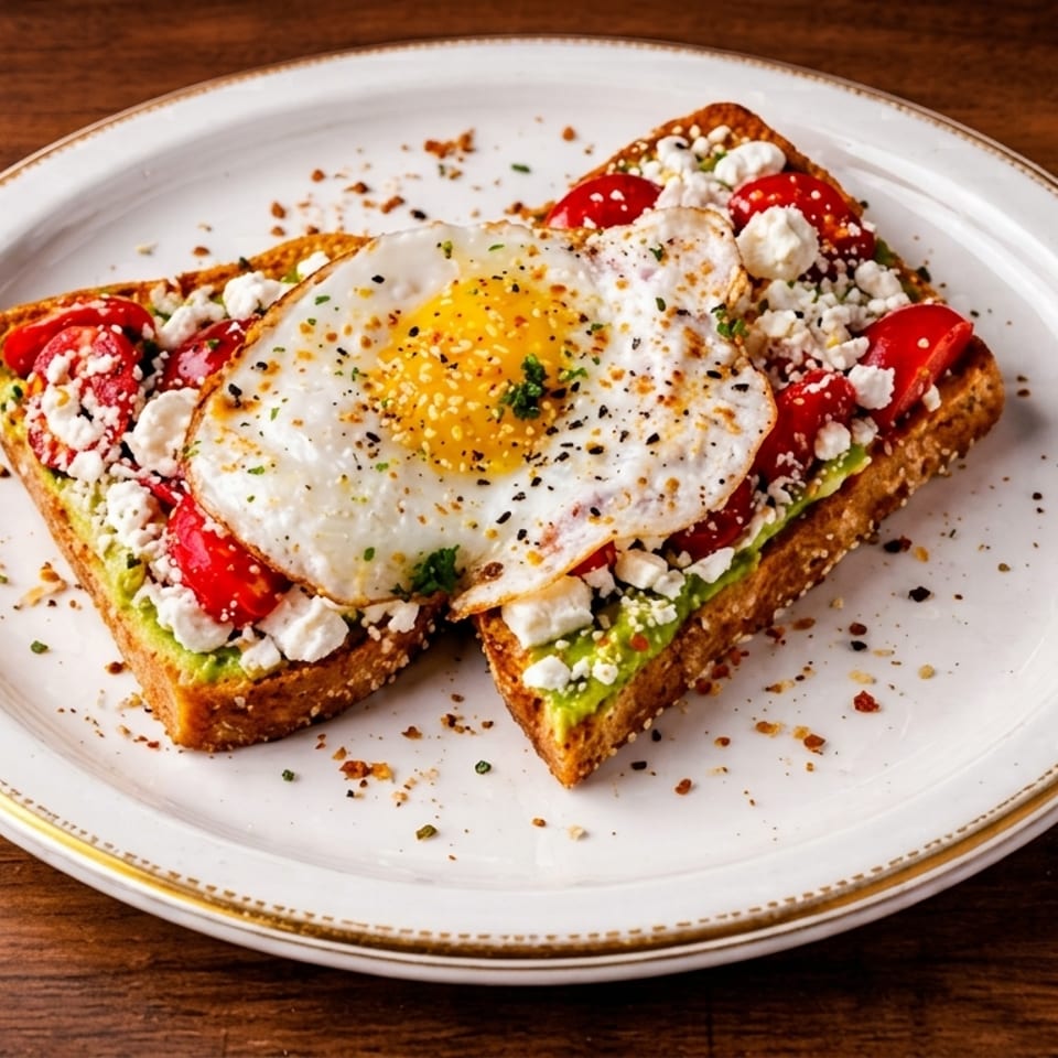 Two slices of avocado toast topped with cherry tomatoes, feta, and a fried egg.