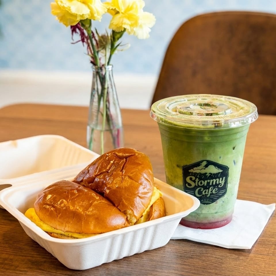 Two breakfast sandwiches in a to-go container with a Stormy Cafe iced matcha latte.