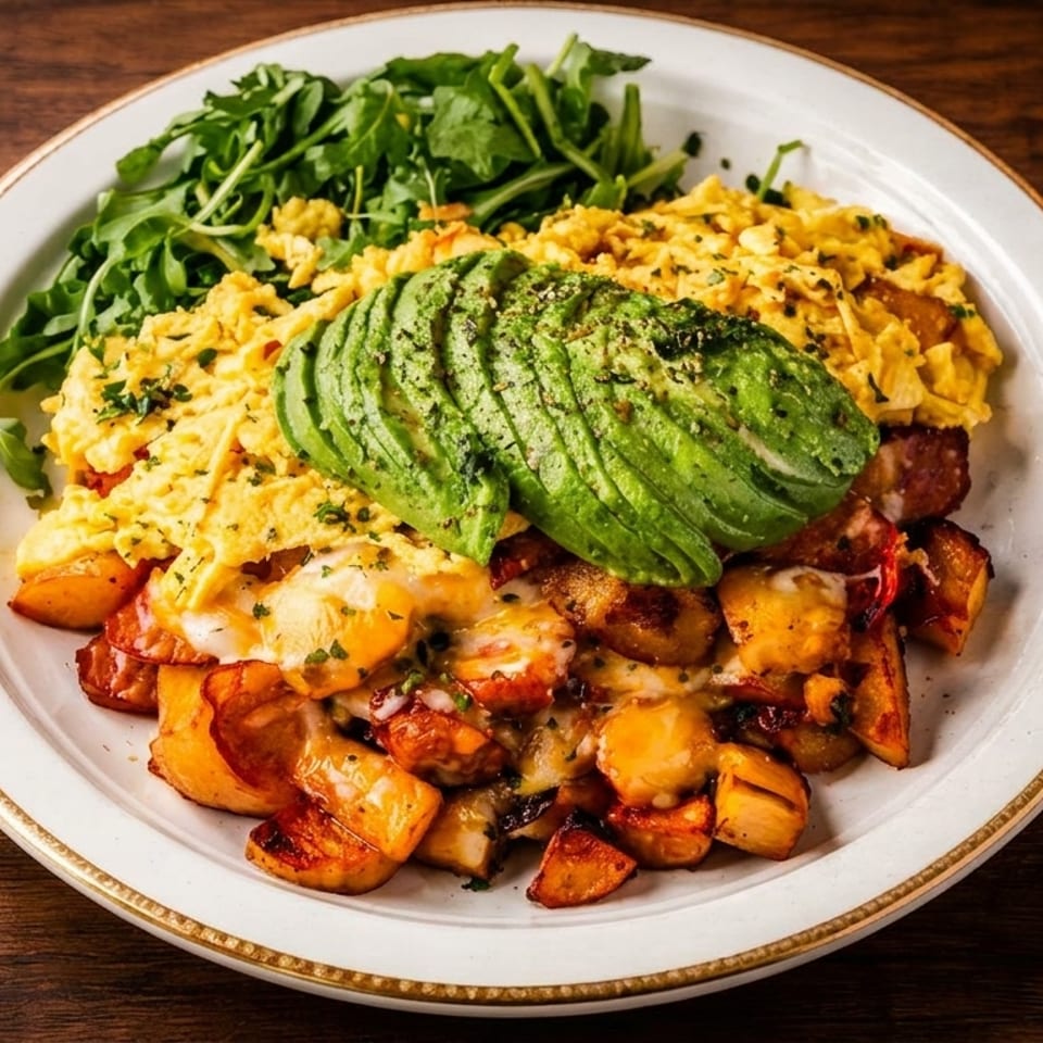Breakfast plate with scrambled eggs, roasted potatoes, sliced avocado, and arugula on a white plate.