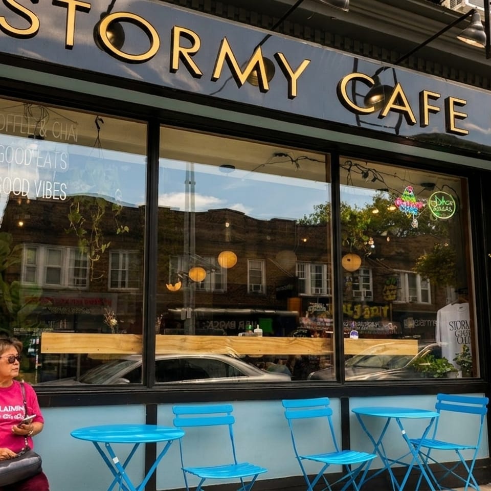 A woman sits outside Stormy Cafe, with blue tables and chairs on the sidewalk.