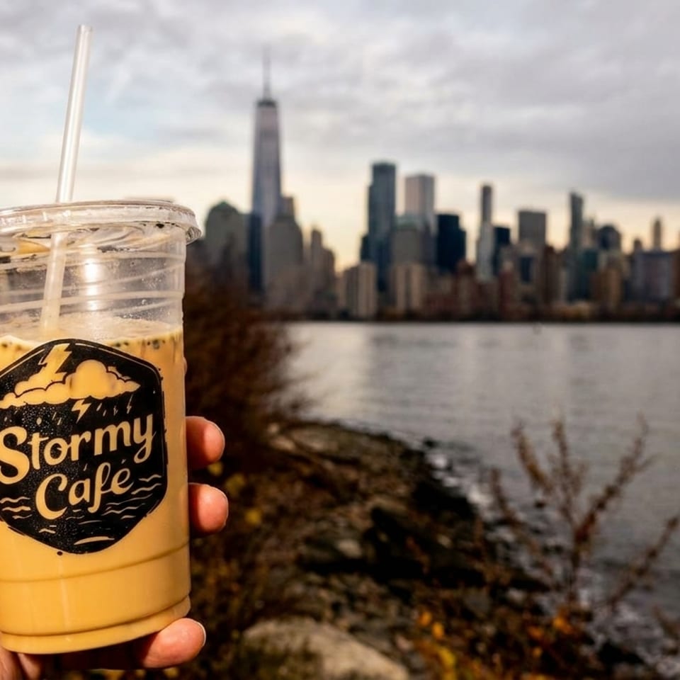 Hand holds a Stormy Cafe iced coffee overlooking the Manhattan skyline and waterfront at sunset.