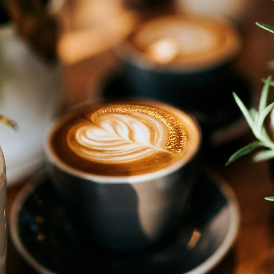 Two lattes with heart-shaped latte art, surrounded by potted green plants on a wooden surface.
